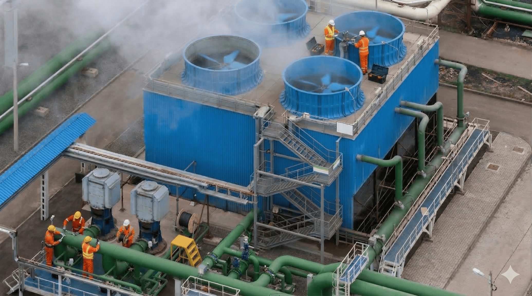 Exterior de uma planta industrial com grandes trocadores de calor e torres de resfriamento